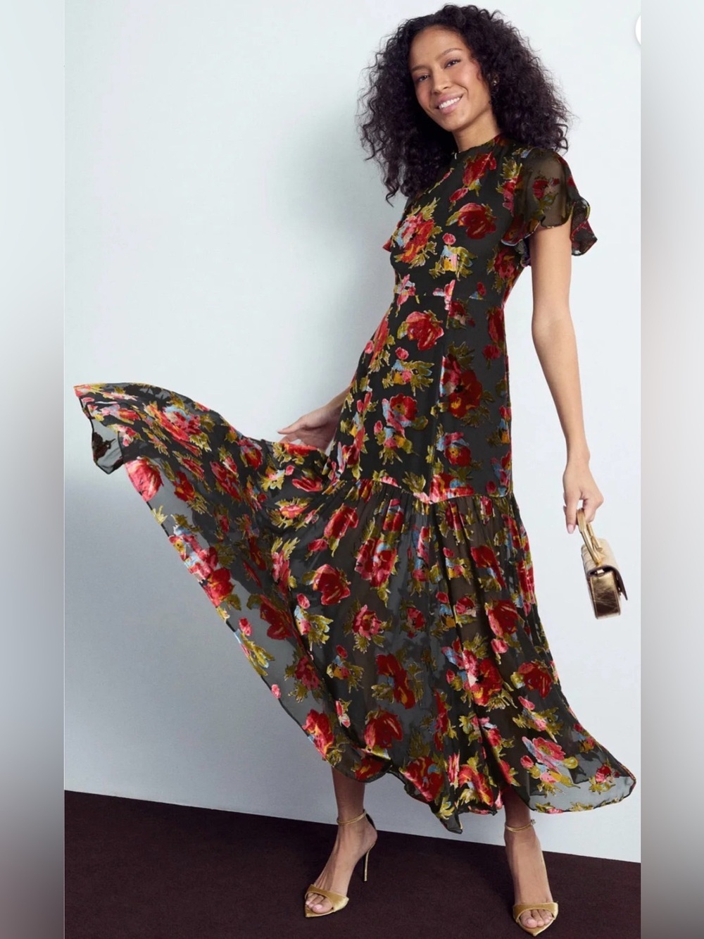 Rixo Velvet Floral Gown Floral Maxi Dress with Flutter Sleeves Sz 4 - Picture 4 of 15